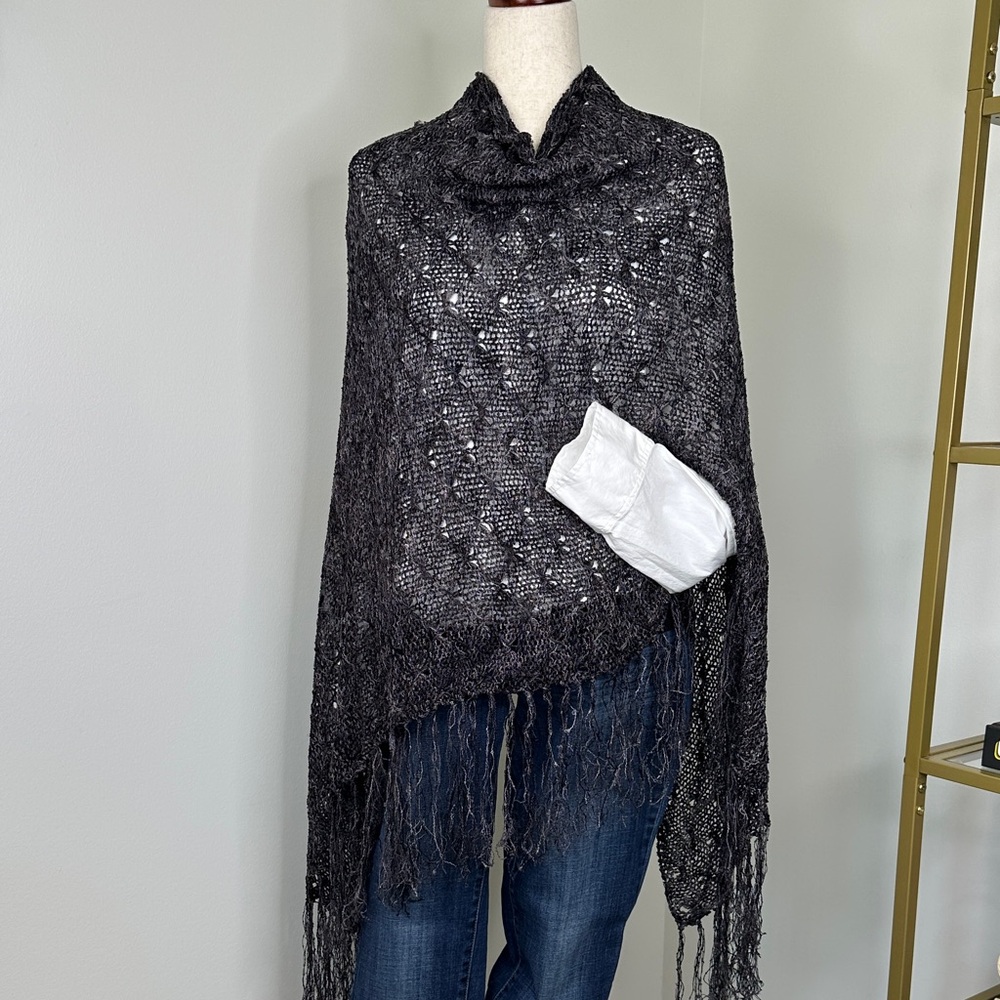 Vintage Chico's Black & Grey Fringe Hem Knit Poncho